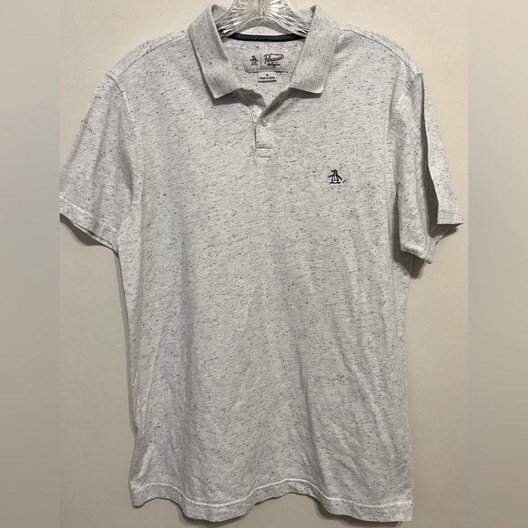 EUC Original Penguin Men’s Light Gray w/Blue Short Sleeve Polo w/Logo; Size M - Picture 1 of 7